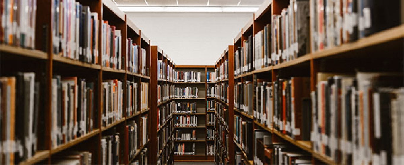 una fila de libros de biblioteca